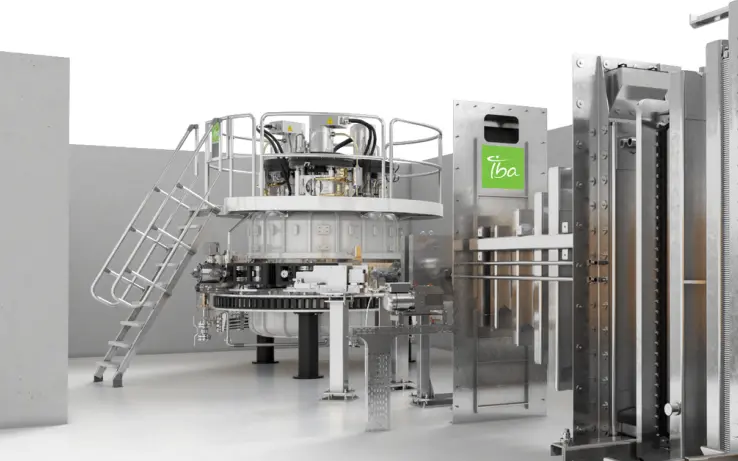 Système industriel d’irradiation par faisceau d’électrons conçu par IBA, avec accélérateur Rhodotron et équipements métalliques.
